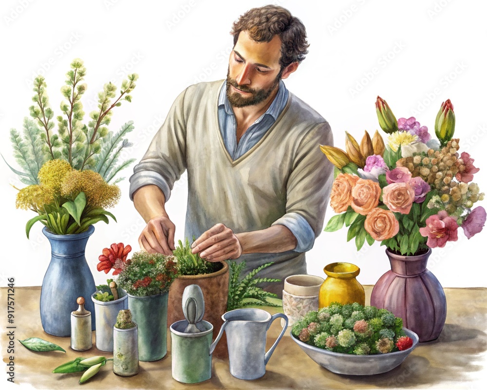 Fototapeta premium A man indoors carefully arranging flowers, trimming stems and placing them into a vase.