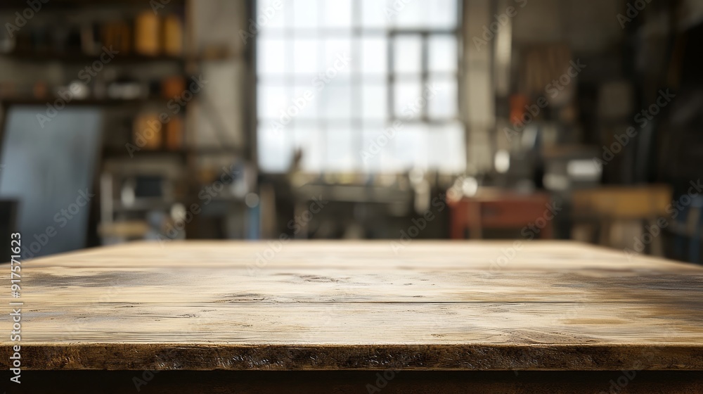 Empty table top. Blurred workshop interior background Empty table top. Blurred workshop interior background