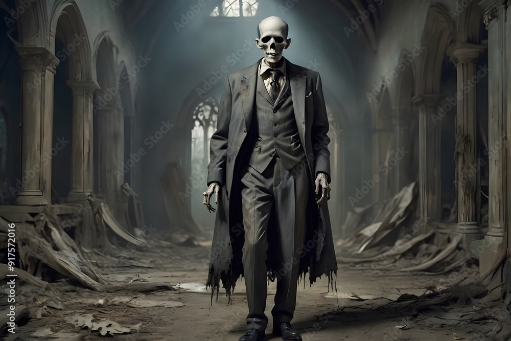 Naklejka premium A skeletal figure in a suit walks through a ruined church.