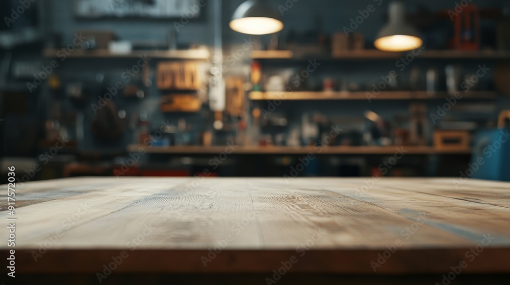 Empty table top. Blurred workshop interior background Empty table top. Blurred workshop interior background