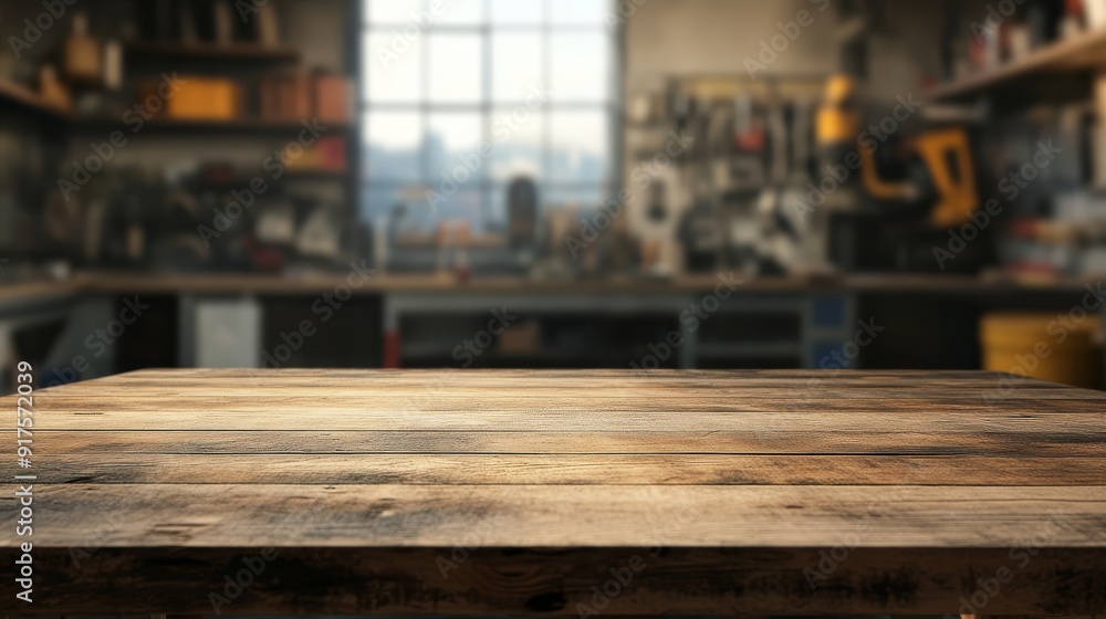 Empty table top. Blurred workshop interior background Empty table top. Blurred workshop interior background
