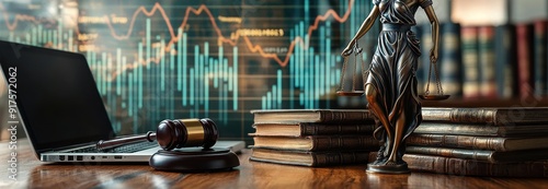 Close-up of law books, gavel, and laptop on a wooden desk in a modern office with a bar chart background, featuring a golden Lady Justice statue and copy space for legal marketing graphics

 photo