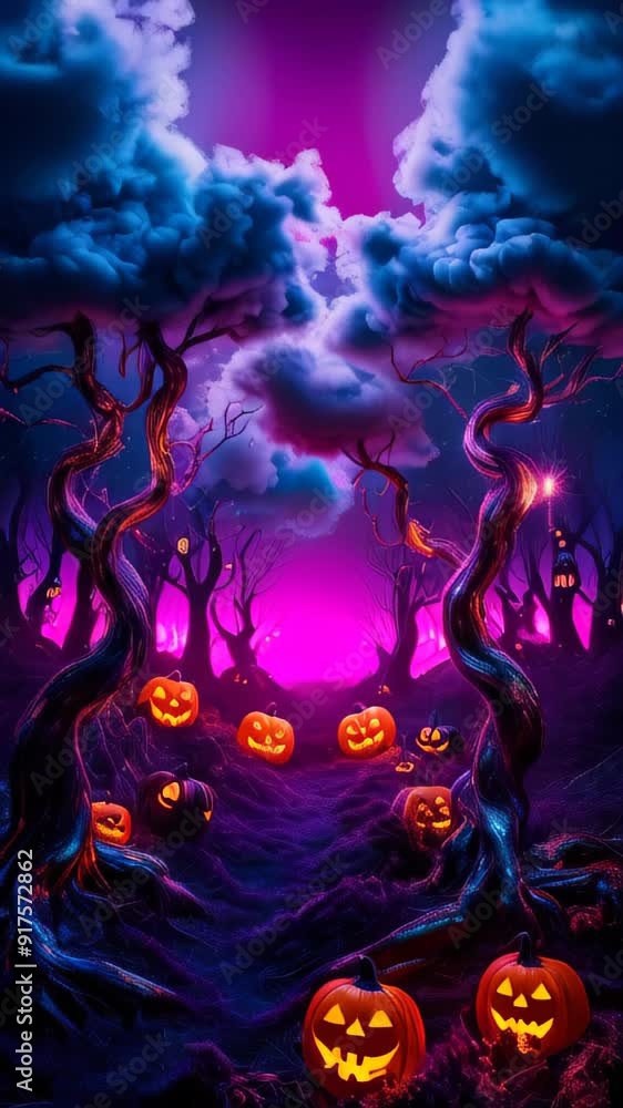 twisted dark path with glowing jack-o-lanterns, leading into a misty, eerie forest. The sky is a mix of neon purple and blue hues, with swirling clouds. spooky Halloween background twisted dark path with glowing jack-o-lanterns, leading into a misty, eerie forest. The sky is a mix of neon purple and blue hues, with swirling clouds. spooky Halloween background