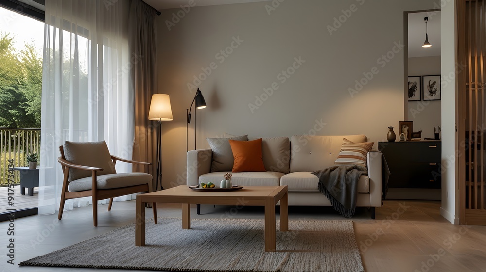 Light living room with folding screen, comfortable sofa, coffee table and chest of drawers. Generative AI Light living room with folding screen, comfortable sofa, coffee table and chest of drawers. Generative AI