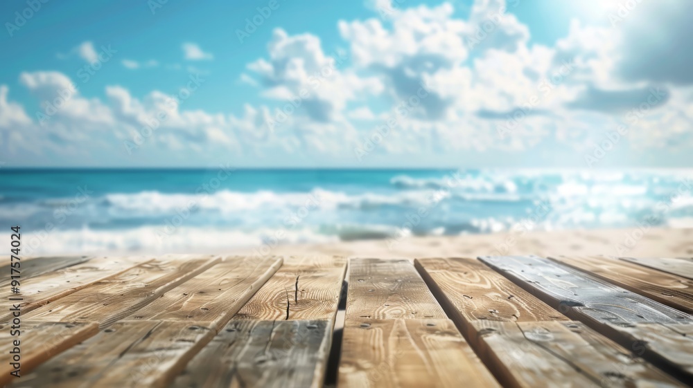 Wooden Plank Tabletop Overlooking a Blurry Beach Scene Wooden Plank Tabletop Overlooking a Blurry Beach Scene