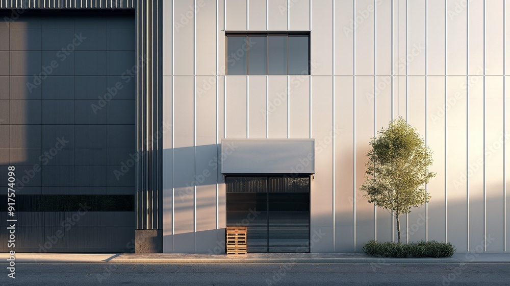 Exterior of a modern warehouse with a small office unit Exterior of a modern warehouse with a small office unit