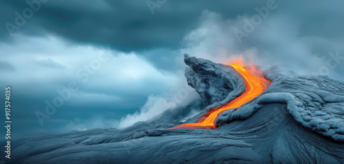 Stunning volcanic eruption with flowing lava against a dramatic stormy sky, showcasing nature's raw power and beauty. photo