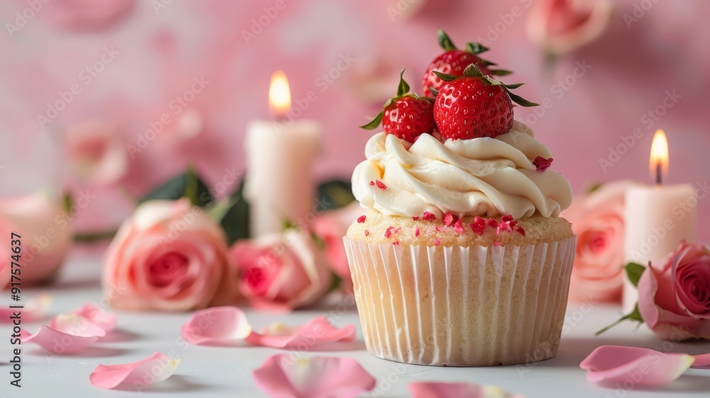 Strawberry Cupcake with White Frosting and Rose Petals Strawberry Cupcake with White Frosting and Rose Petals