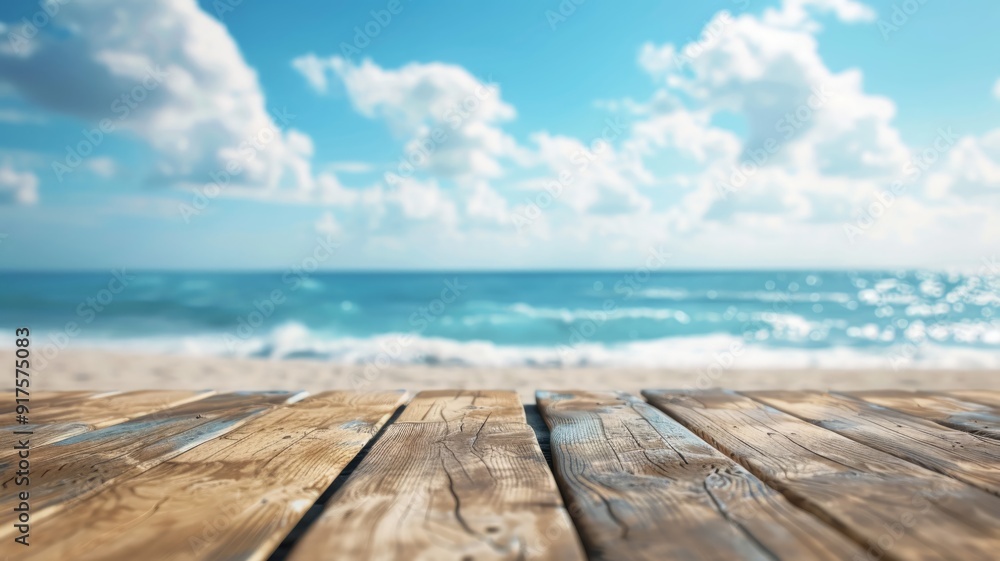 Wooden Plank Tabletop with Blurred Beach Background Wooden Plank Tabletop with Blurred Beach Background