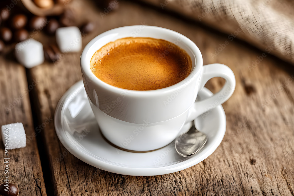 Rich Espresso with golden crema in a white ceramic cup on a rustic wooden table in an Italian cafe Rich Espresso with golden crema in a white ceramic cup on a rustic wooden table in an Italian cafe