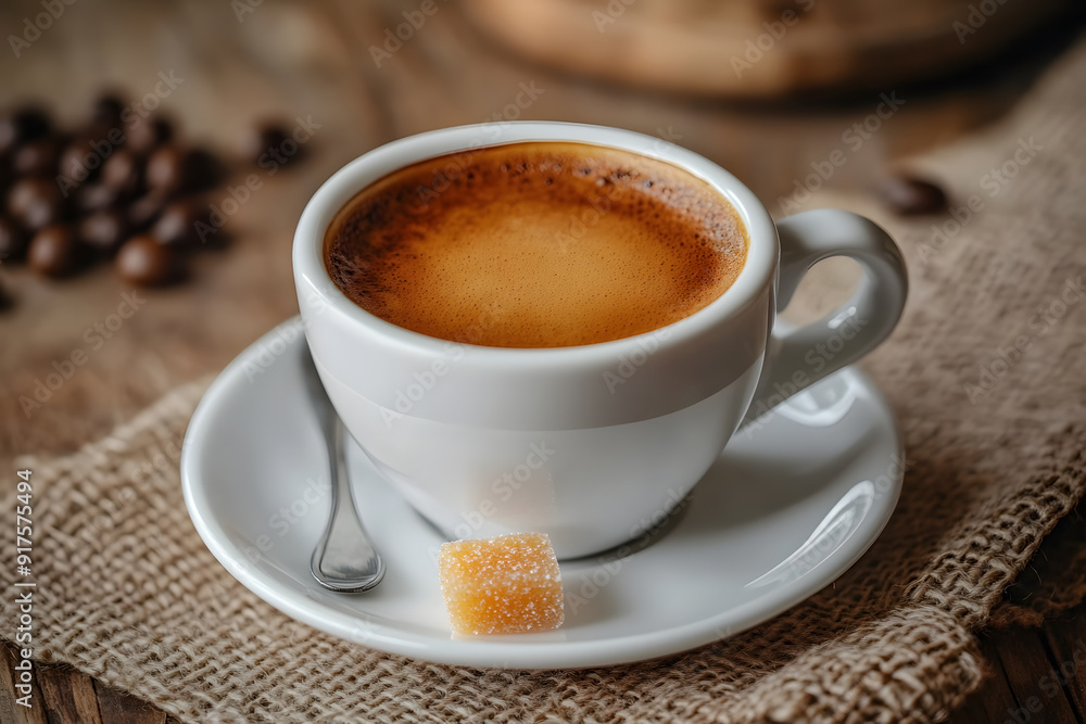 Obraz premium Freshly brewed Espresso in a white cup with golden crema on rustic table in an Italian cafe