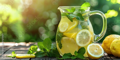  A pitcher of fresh mint lemonade with mint leaves and lemon slices 