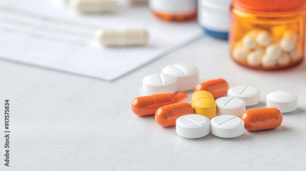 Close-up of a selection of medicine pills and tablets on a clean, white surface with a few pill bottles and a prescription paper partially visible in the background, depicting a professional pharmacy Close-up of a selection of medicine pills and tablets on a clean, white surface with a few pill bottles and a prescription paper partially visible in the background, depicting a professional pharmacy