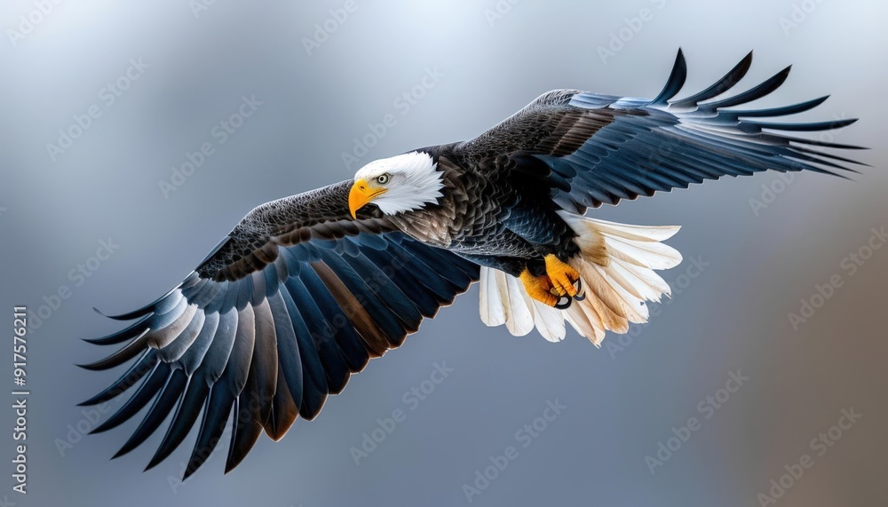 Obraz premium A majestic eagle soaring through the sky, showcasing its powerful wings and striking features in a breathtaking display.