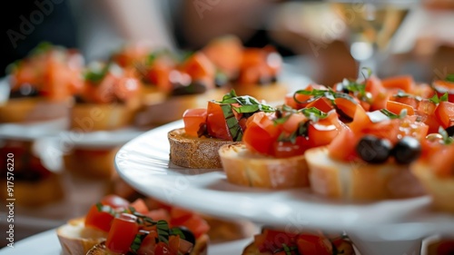 Close-up of Bruschetta Appetizers with Tomatoes, Basil, and Olives