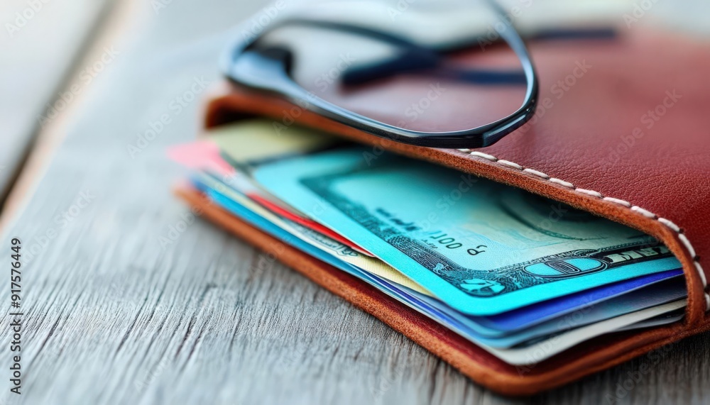 Close-up of a leather wallet with cash and cards on a wooden surface, capturing the essence of personal finance and organization. Close-up of a leather wallet with cash and cards on a wooden surface, capturing the essence of personal finance and organization.