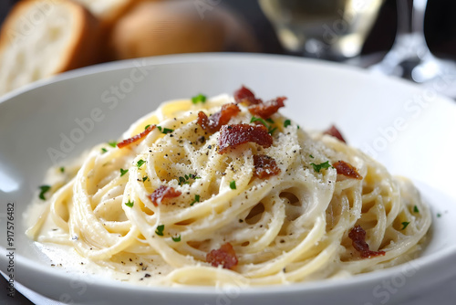 A plate of creamy carbonara. pasta with bacon and cheese on top