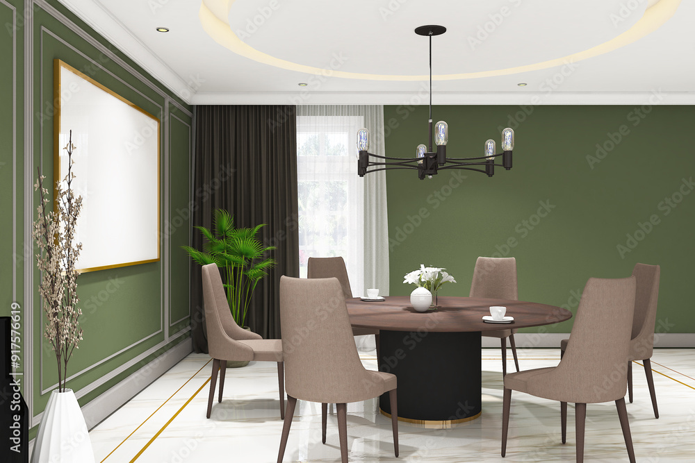 Fototapeta premium 3d render of illustration interior design dining room of classic modern style with frame mock up. White marble floor, green wall and white ceiling. Set 100
