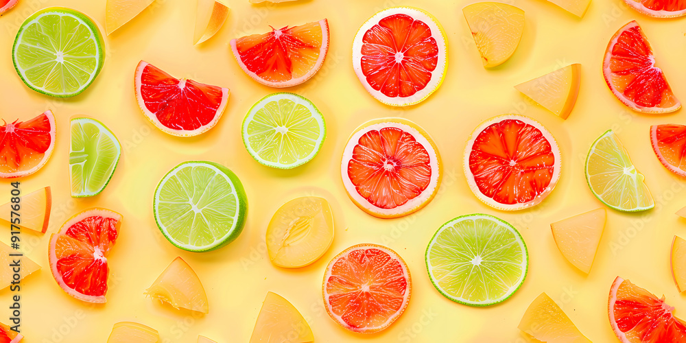 Seamless Abstract Colorful Flat Lay of Different Cut Lime, Citrus Fruits Slices, and Jellies Arranged in a Pattern Print for Textile, Packaging, Banner, Decor, Wrap, Fashion, Accessories, Web, Social. Seamless Abstract Colorful Flat Lay of Different Cut Lime, Citrus Fruits Slices, and Jellies Arranged in a Pattern Print for Textile, Packaging, Banner, Decor, Wrap, Fashion, Accessories, Web, Social.