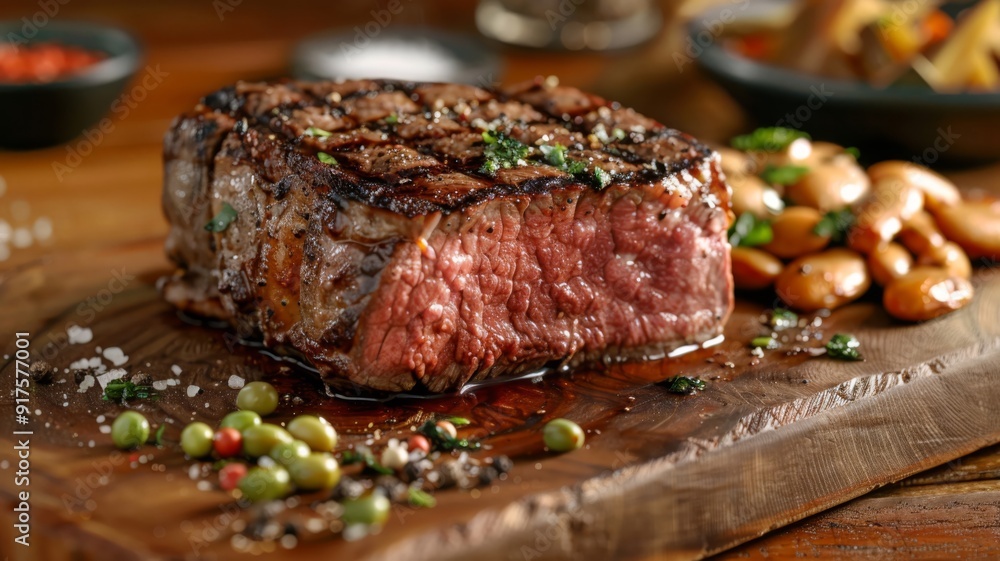Grilled Steak with Beans and Herbs on Wooden Board Grilled Steak with Beans and Herbs on Wooden Board
