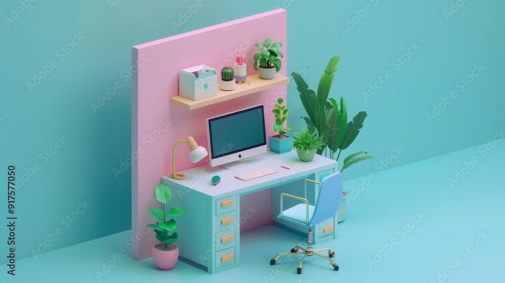 A colorful home office setup with a computer on a pastel-themed desk, surrounded by green plants. Bright and stylish workspace perfect for creativity and productivity. A colorful home office setup with a computer on a pastel-themed desk, surrounded by green plants. Bright and stylish workspace perfect for creativity and productivity.
