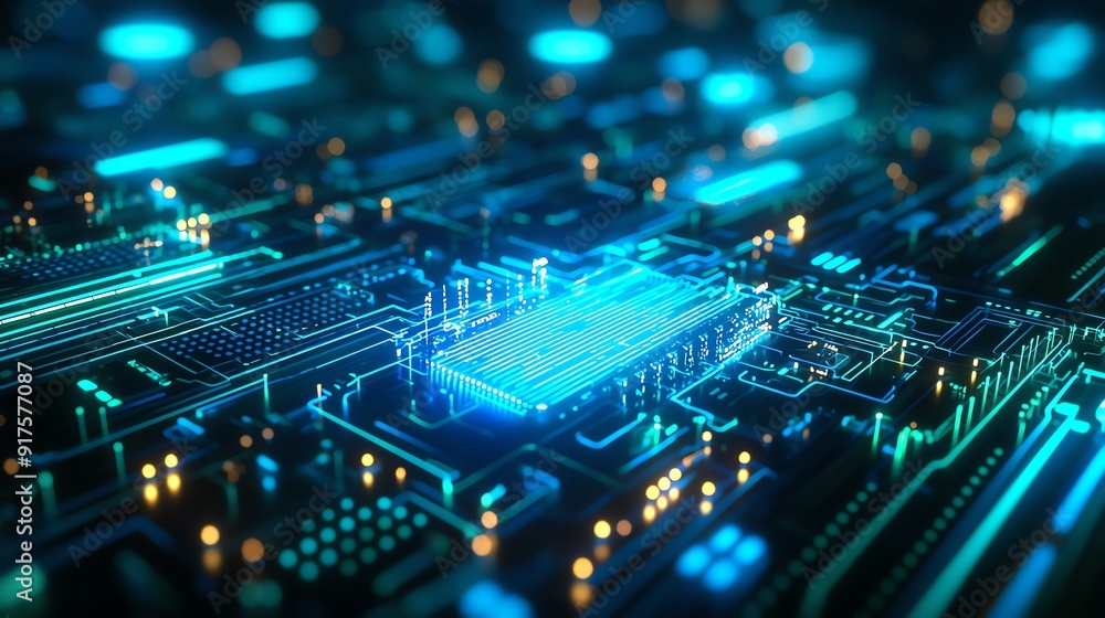 Close-up of a futuristic circuit board with glowing elements, showcasing advanced technology and digital connections. Close-up of a futuristic circuit board with glowing elements, showcasing advanced technology and digital connections.