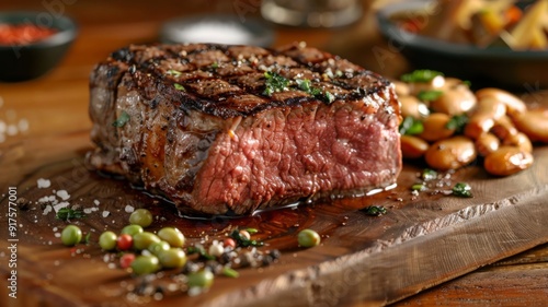 Grilled Steak with Beans and Herbs on Wooden Board