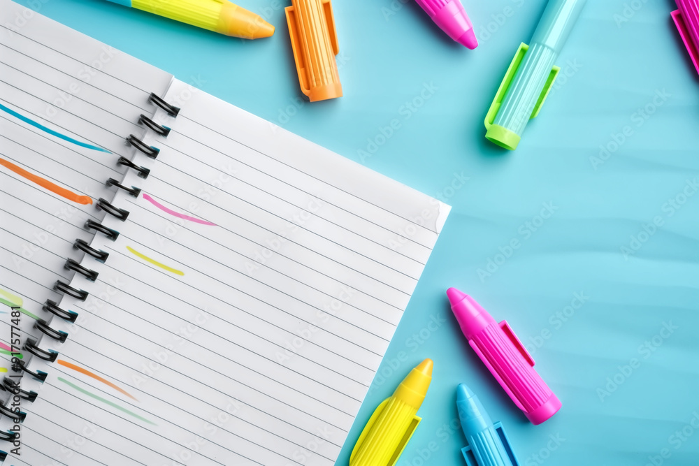 Colorful Highlighters and Open Notebook on Blue Background - Office Supplies and Stationery Concept Colorful Highlighters and Open Notebook on Blue Background - Office Supplies and Stationery Concept