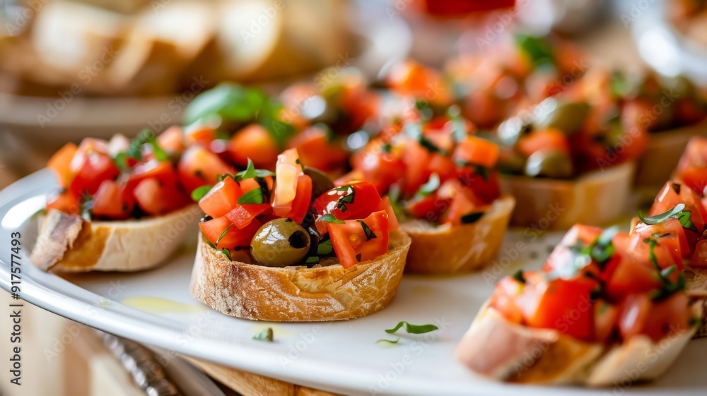 Bruschetta Topped with Tomatoes, Olives, and Basil Bruschetta Topped with Tomatoes, Olives, and Basil