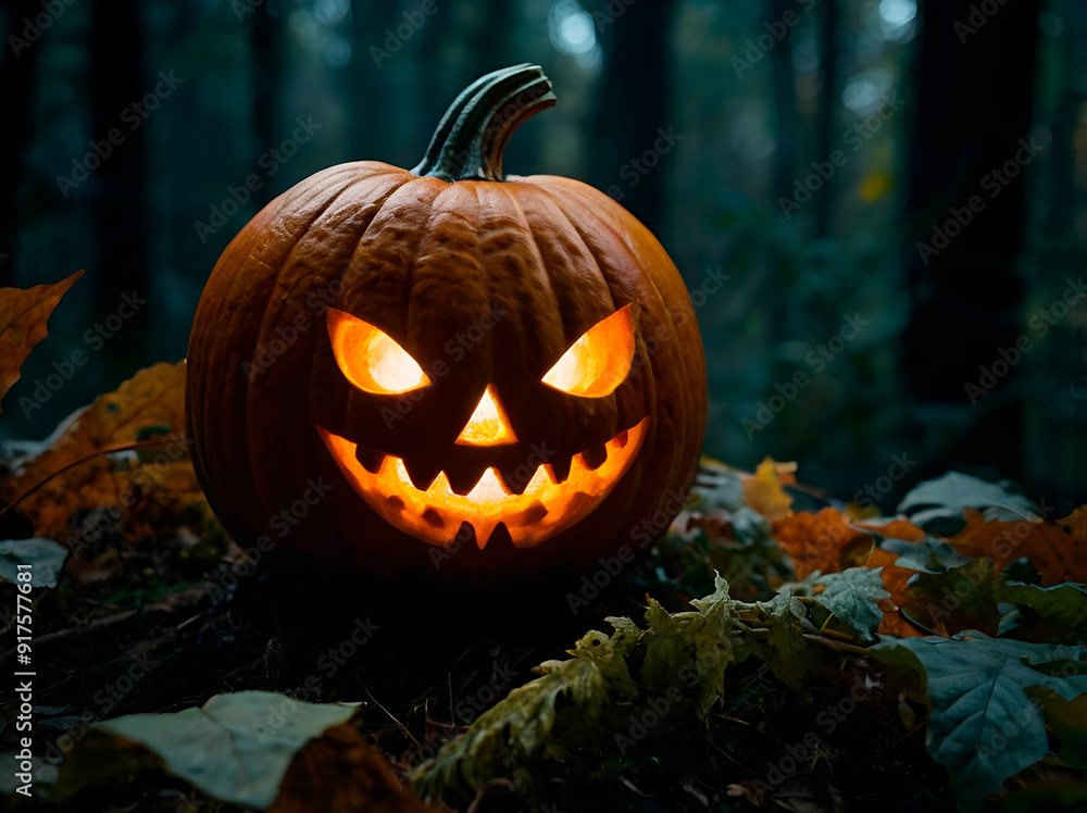 Fototapeta premium A pumpkin with an intricate design, sitting in a blurry Halloween forest with glowing eyes peeking through the trees.