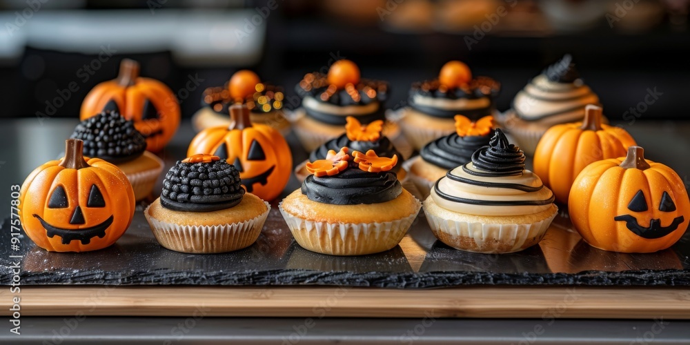 Halloween Cupcakes and Pumpkin Decorations on Slate Tray, Festive Fall Dessert Display Halloween Cupcakes and Pumpkin Decorations on Slate Tray, Festive Fall Dessert Display