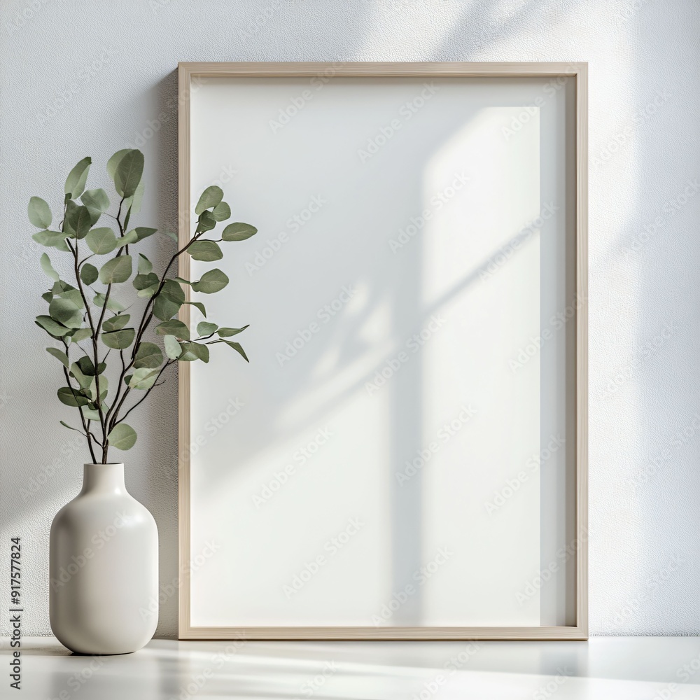 A minimalist scene featuring a light wooden frame and a simple vase with green leaves, illuminated by soft natural light, conveying elegance and simplicity. A minimalist scene featuring a light wooden frame and a simple vase with green leaves, illuminated by soft natural light, conveying elegance and simplicity.
