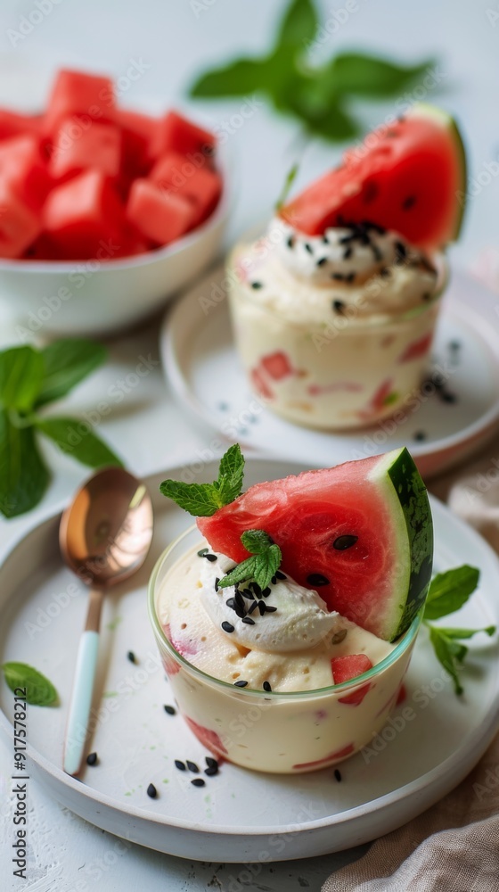Watermelon Dessert Cups with Cream and Mint on White Plates Watermelon Dessert Cups with Cream and Mint on White Plates