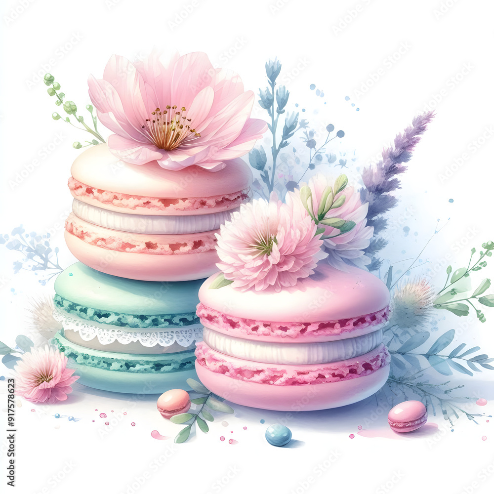 흰 배경, 마카롱, 수채화 (White background, macaron, water colour) 흰 배경, 마카롱, 수채화 (White background, macaron, water colour)