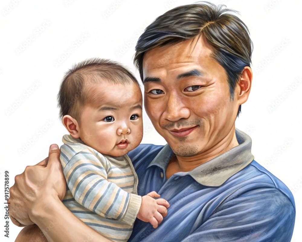 An Asian man lovingly holding a small baby in his arms. He is gently cradling the baby, with a tender and affectionate expression. An Asian man lovingly holding a small baby in his arms. He is gently cradling the baby, with a tender and affectionate expression.