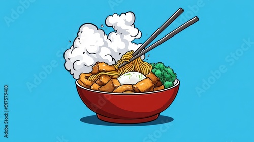 Modern cartoonstyle streetwear tshirt design featuring a vibrant dragon and ramen, perfect for the trendy crowd. photo