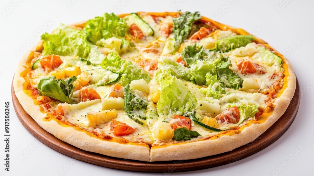 Detailed vegetable pizza with Caesar salad topping, white Detailed vegetable pizza with Caesar salad topping, white