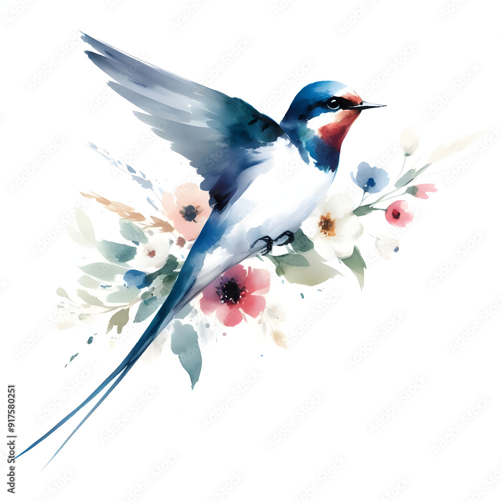 Fototapeta premium 흰 배경, 제비, 수채화 (white background, Swallow, water colour)