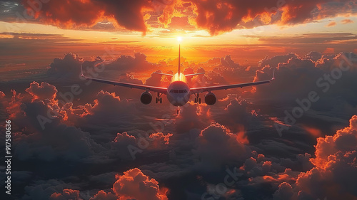 An airliner soaring through a sunrise scene, portraying a feel of renewal and hope.generative ai