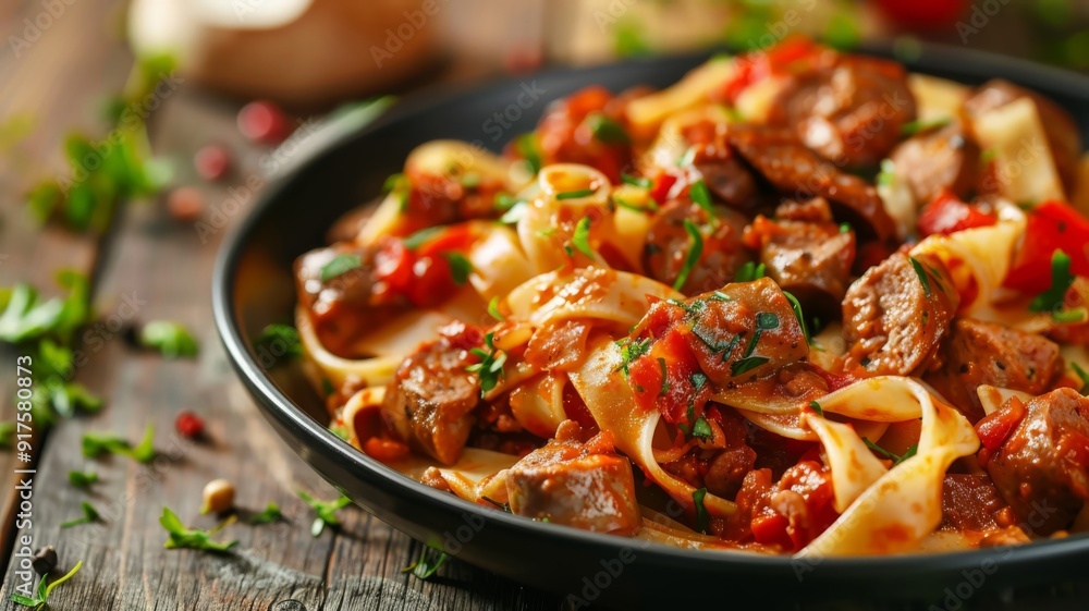 Close-up of Fettuccine Pasta with Sausage and Tomato Sauce Close-up of Fettuccine Pasta with Sausage and Tomato Sauce