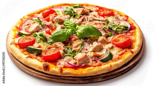 Realistic vegetable pizza topped with tuna salad, white background