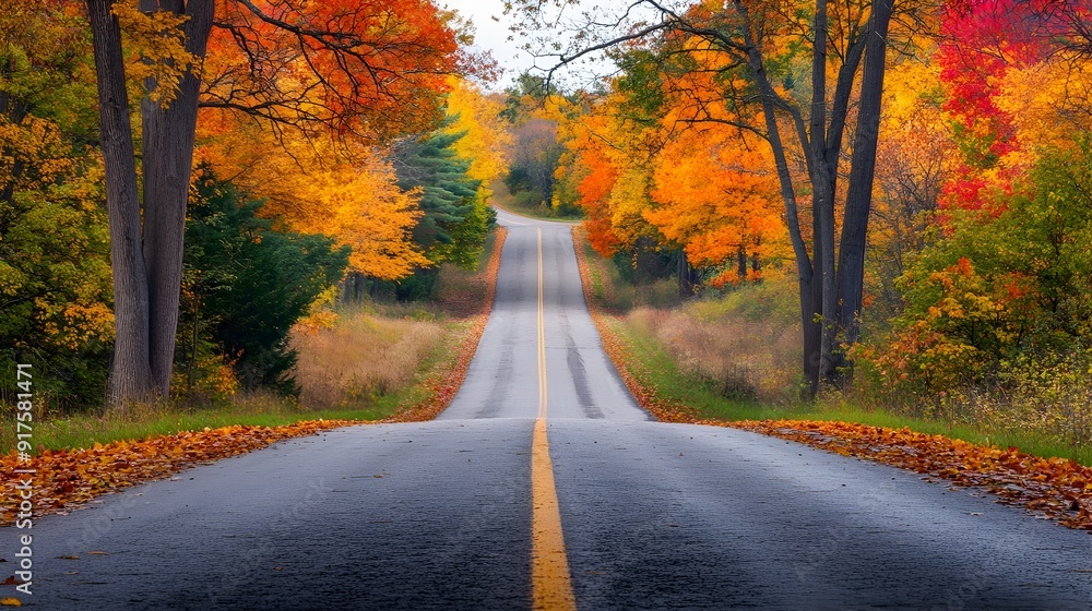 Obraz premium Serene Autumn Country Road Framed by Vibrant Foliage,Peaceful Scenic Travel Journey