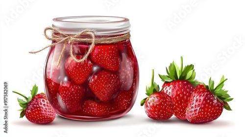 Strawberry jam jar, realistic and detailed, white background