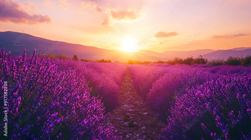 Tranquil Road Through Lavender Fields at Sunset for a Serene Aromatic Journey Tranquil Road Through Lavender Fields at Sunset for a Serene Aromatic Journey