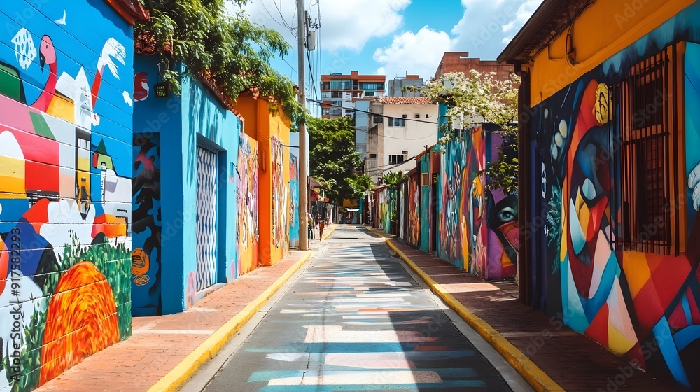 Fototapeta premium Vibrant Mural-Lined Urban Road Invites Exploratory Journey Through Colorful Cityscape
