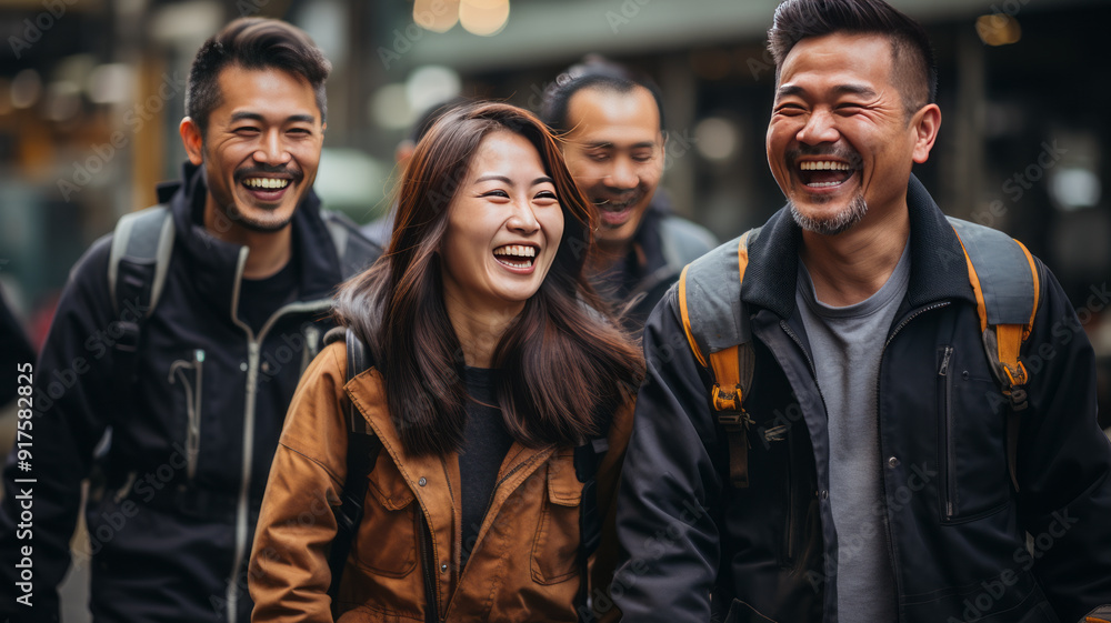 Candid happy group of worker happy and laugh white Refinery oil industry background ,generative ai Candid happy group of worker happy and laugh white Refinery oil industry background ,generative ai