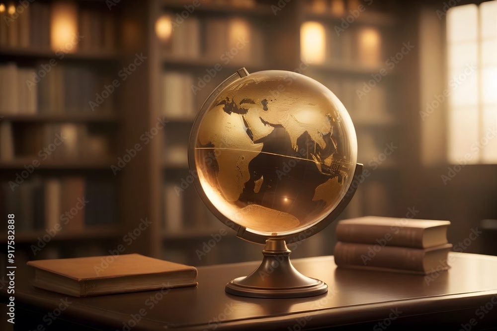 Golden globe on a table with books and a blurred bookshelf in the background. Golden globe on a table with books and a blurred bookshelf in the background.