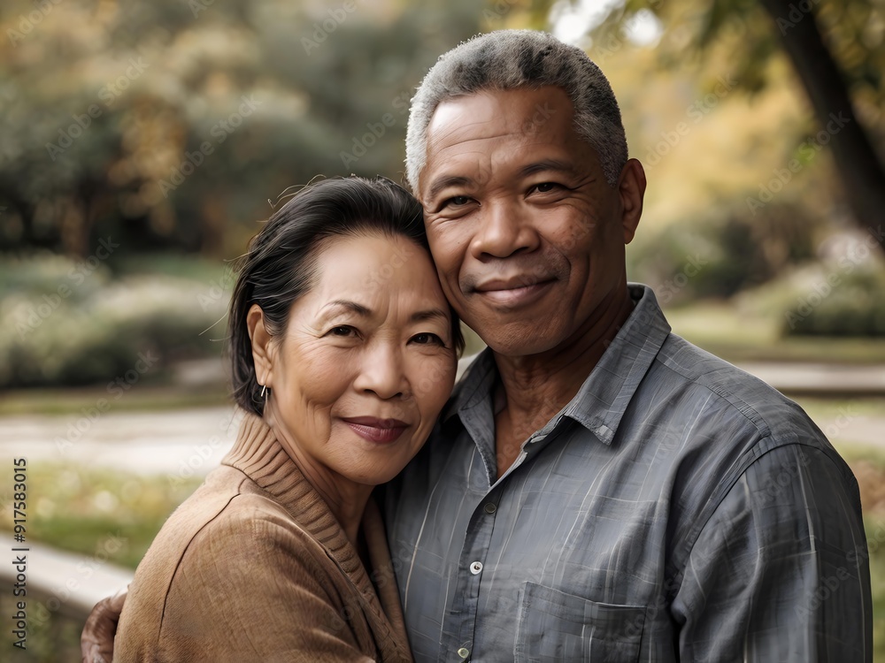 Portrait of a couple of black man from Africa and white woman from Asia, individuals of different races Portrait of a couple of black man from Africa and white woman from Asia, individuals of different races