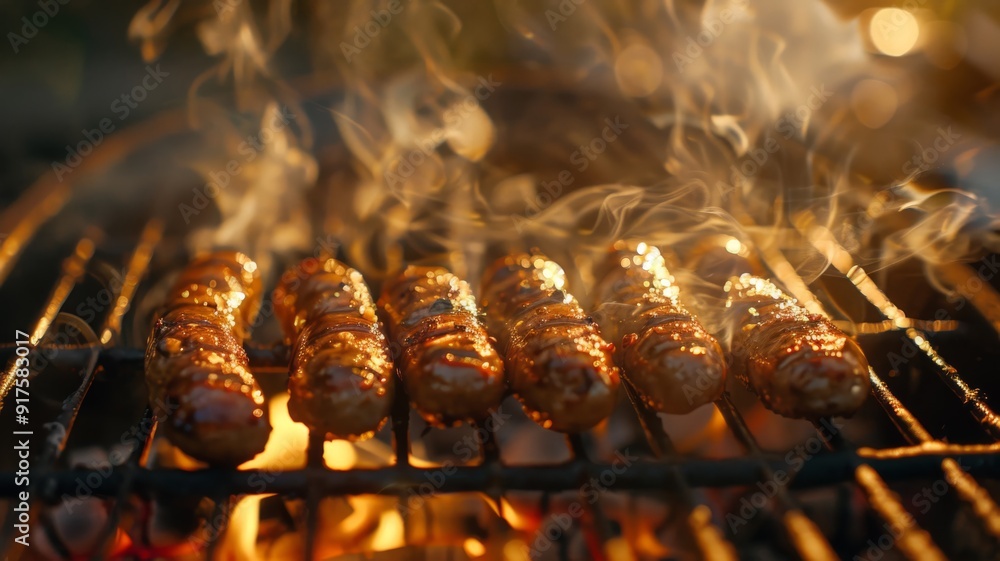 Grilled Sausages on a Barbecue Grill with Smoke Grilled Sausages on a Barbecue Grill with Smoke