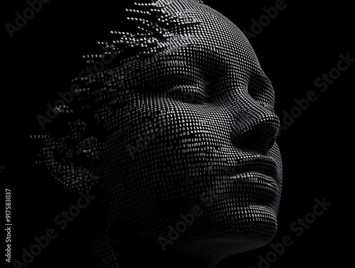 Abstract portrait of a woman with a textured surface, showcasing a blend of technology and art in a dark environment.
